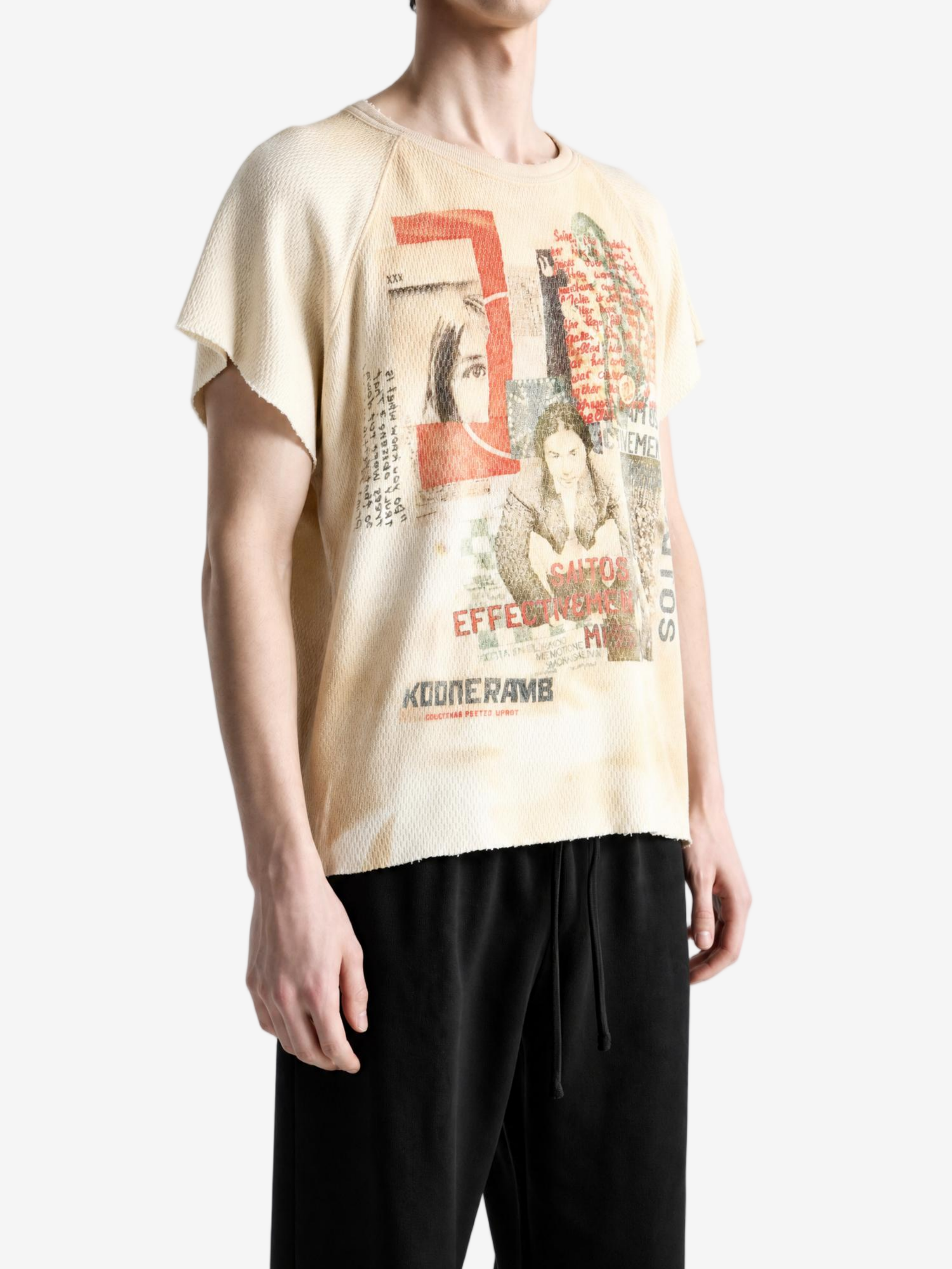 Tan t-shirt worn by a person, showing the t-shirt fit