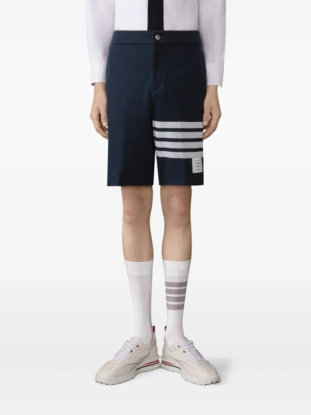 Navy shorts, full body view