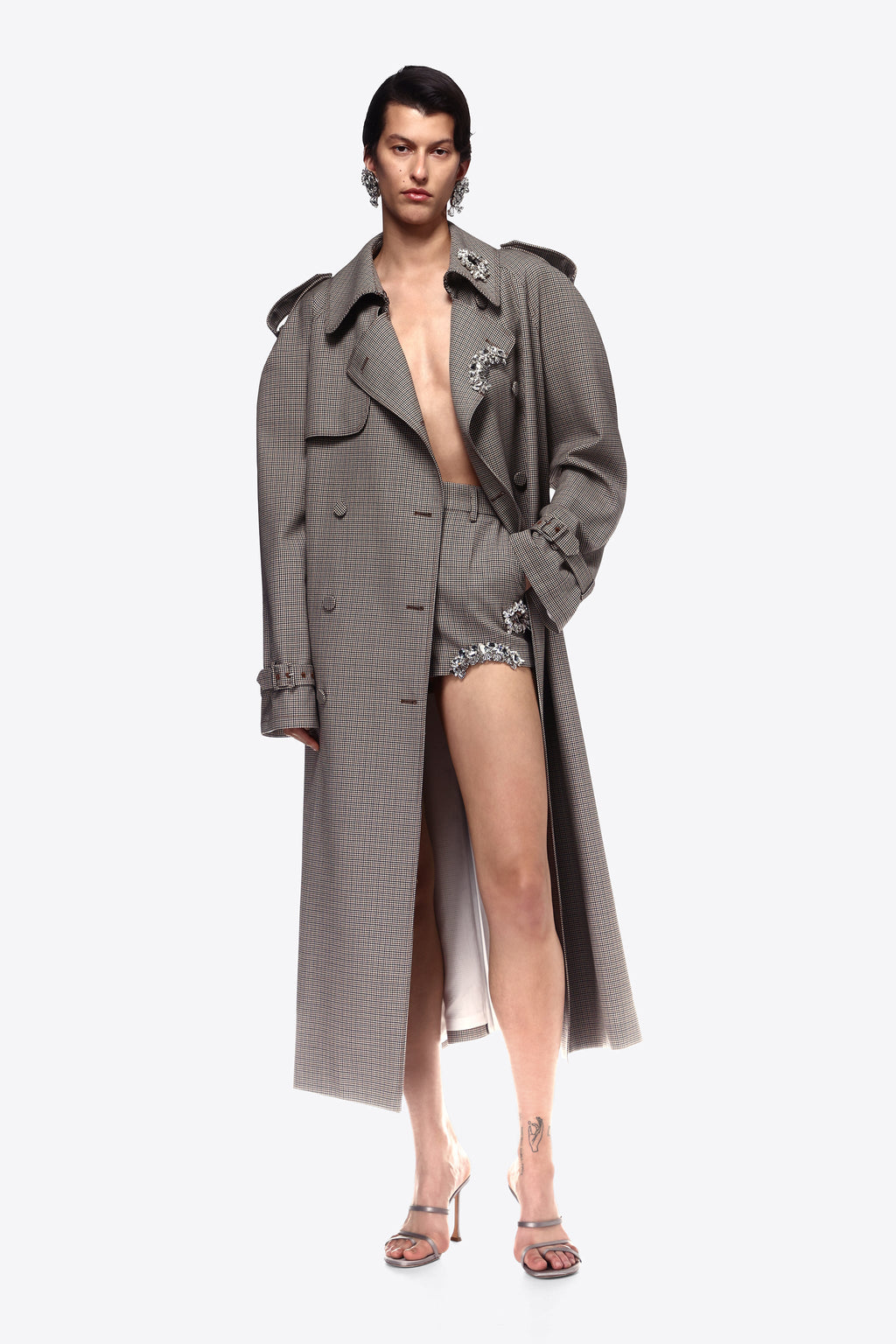 AREA Women Distressed Crystal Trench Coat