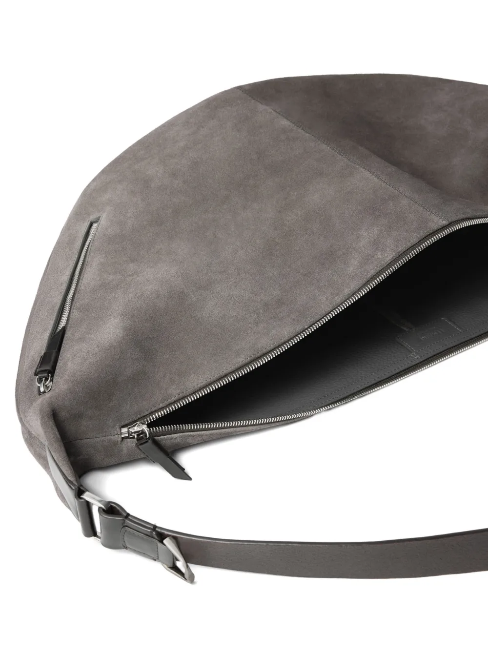 close up of grey bags, showing texture of the cow leather fabric