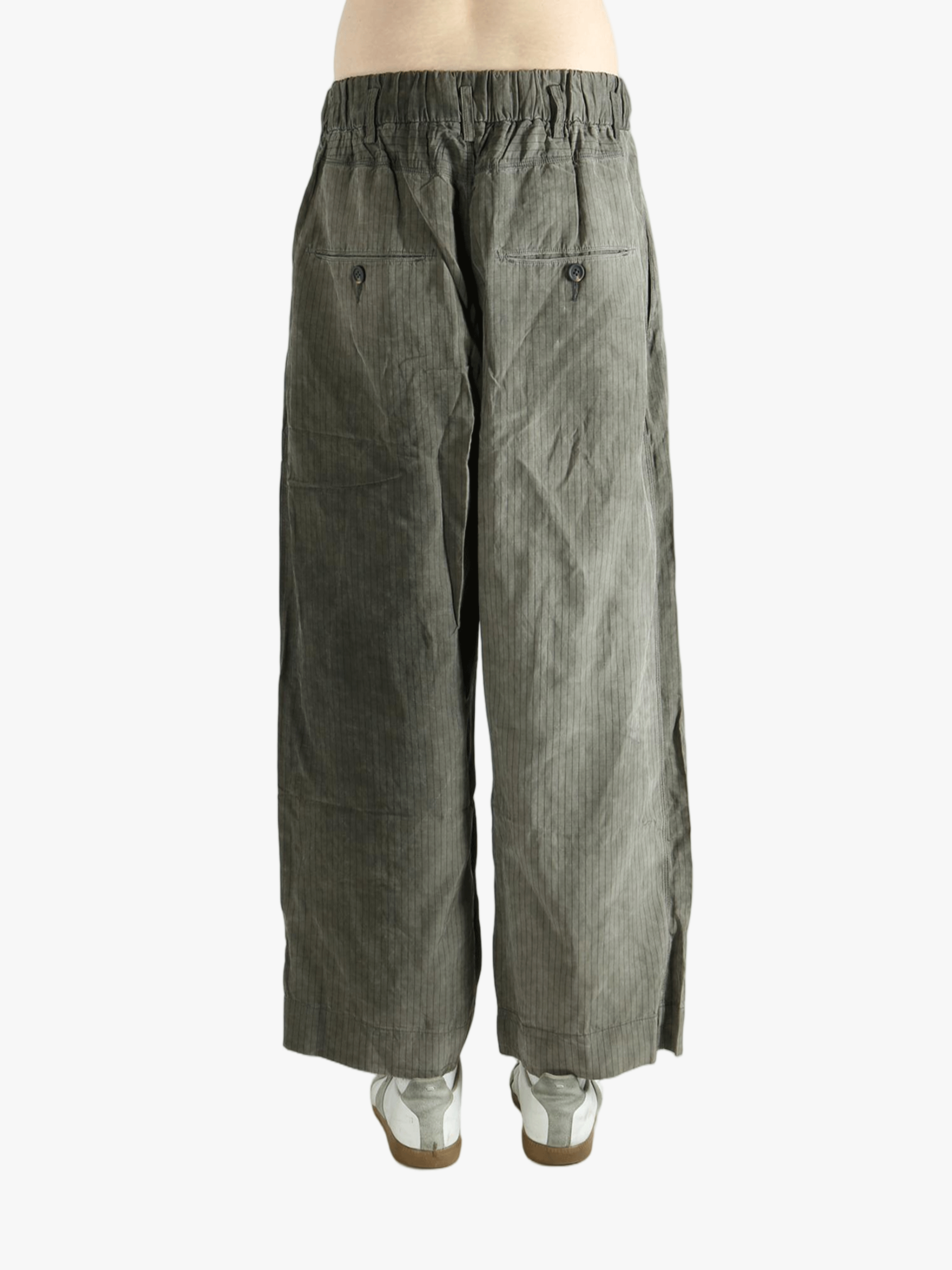 Green wide-leg pants worn by a person, showing the pants fit