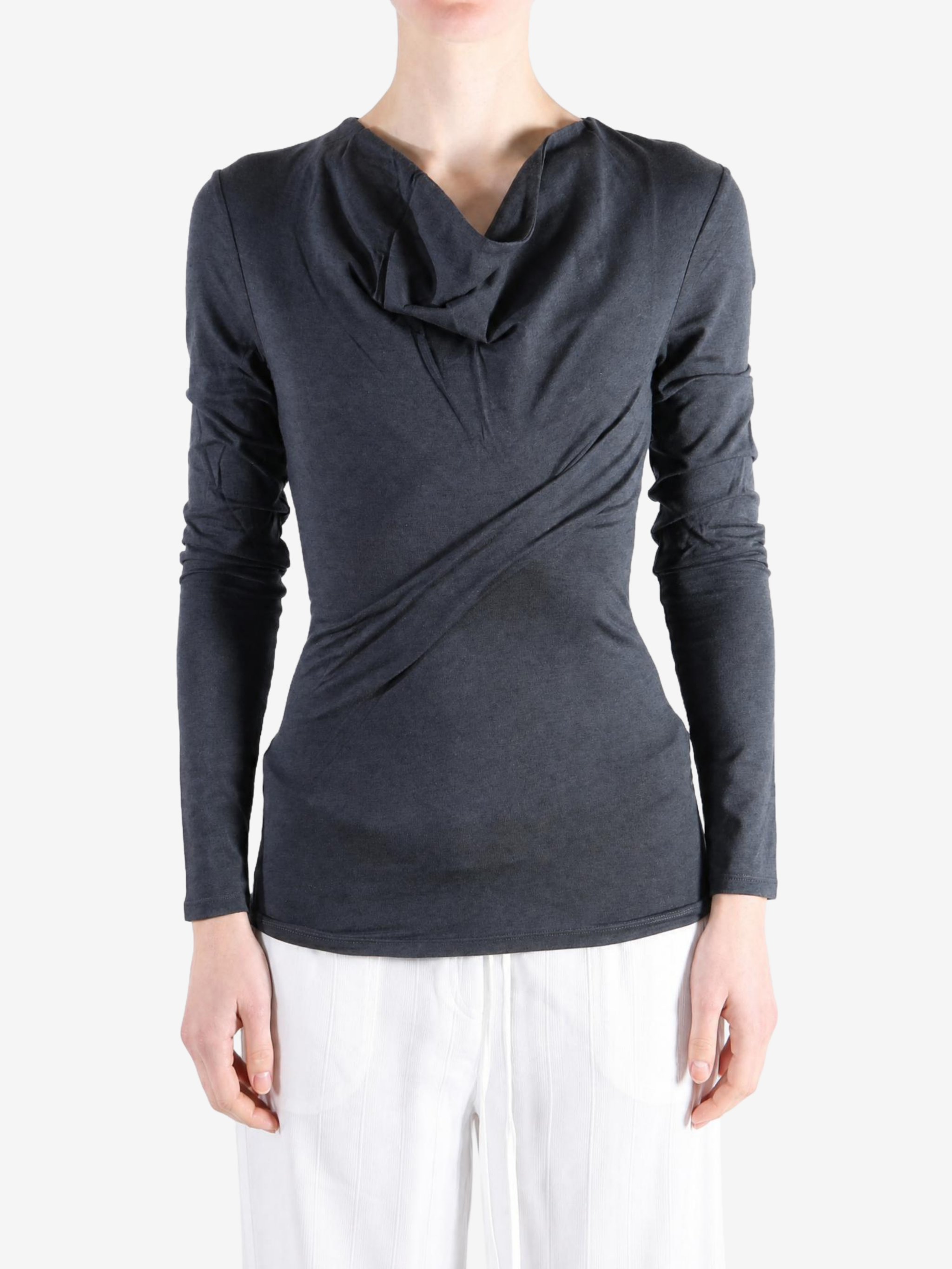 Navy top worn by a person, showing the top fit
