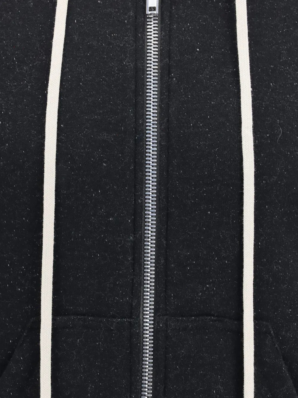 Close up of Black hoodie, showing texture of the 100% cotton fabric