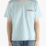 Blue t-shirt worn by a person, showing the t-shirt fit