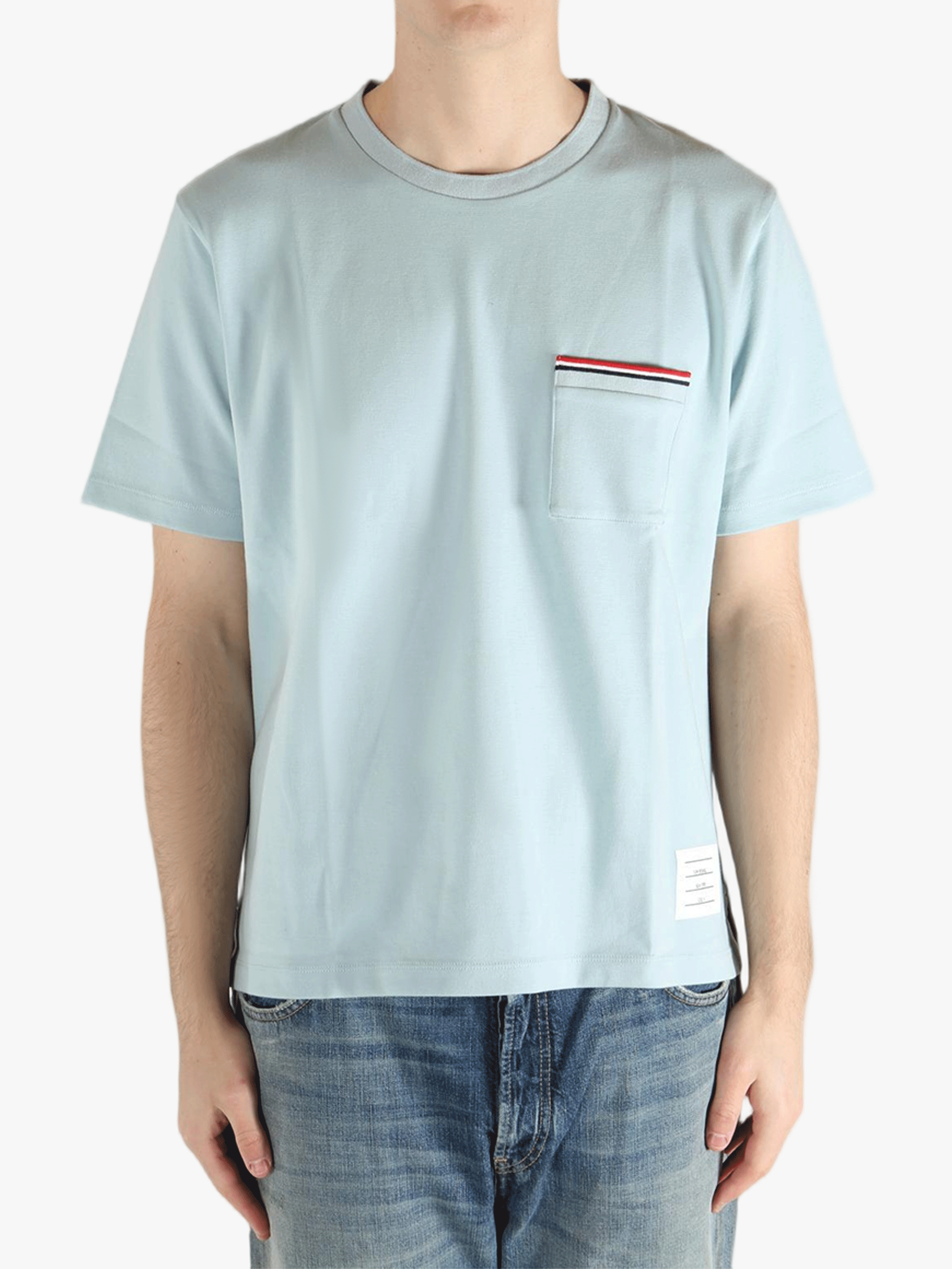 Blue t-shirt worn by a person, showing the t-shirt fit