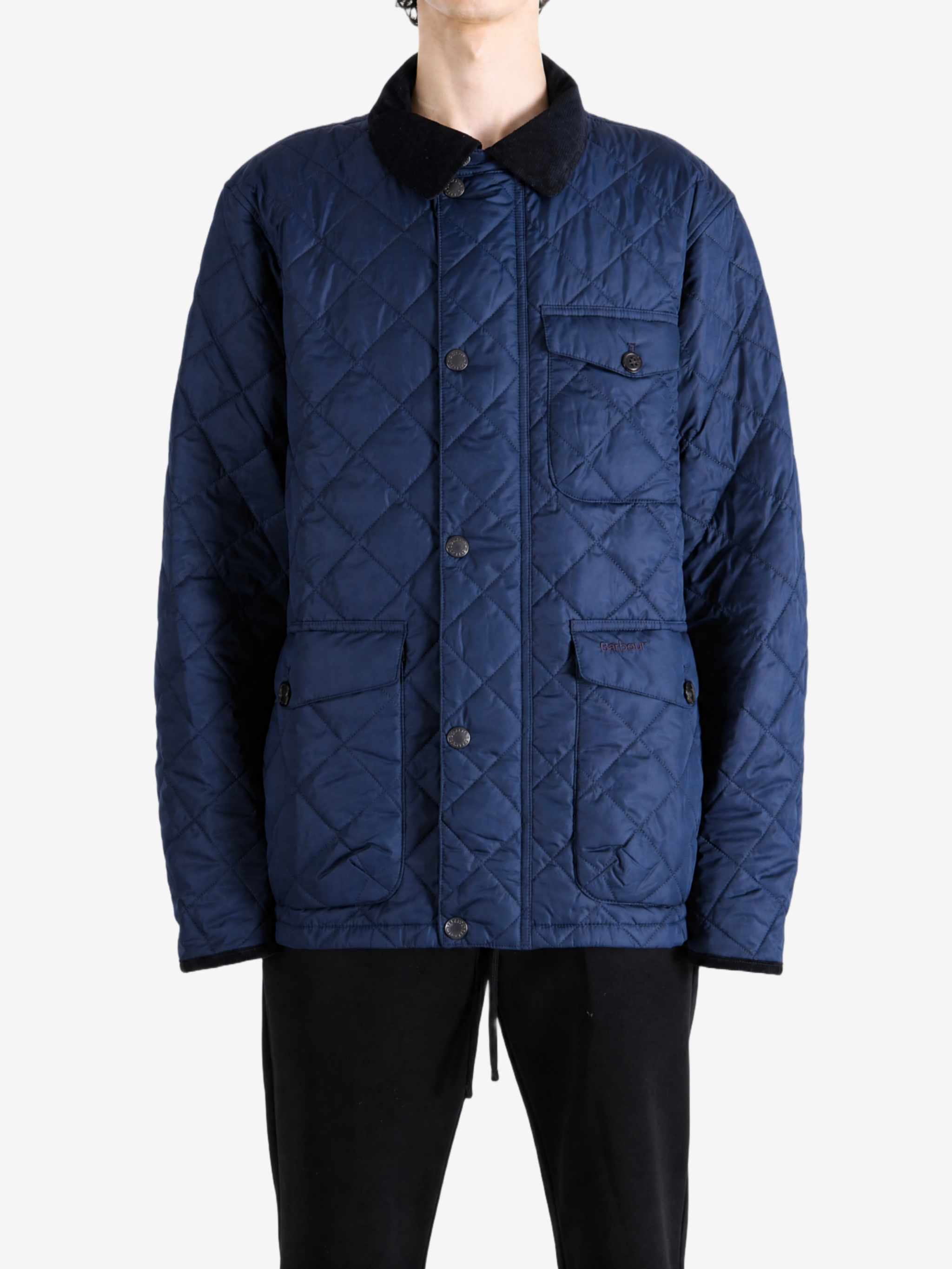 Navy jacket, full body view