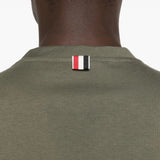 Close up of green t-shirts, showing texture of the cotton fabric