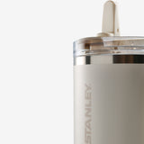 Close up of tan tumbler, showing texture of the stainless steel fabric