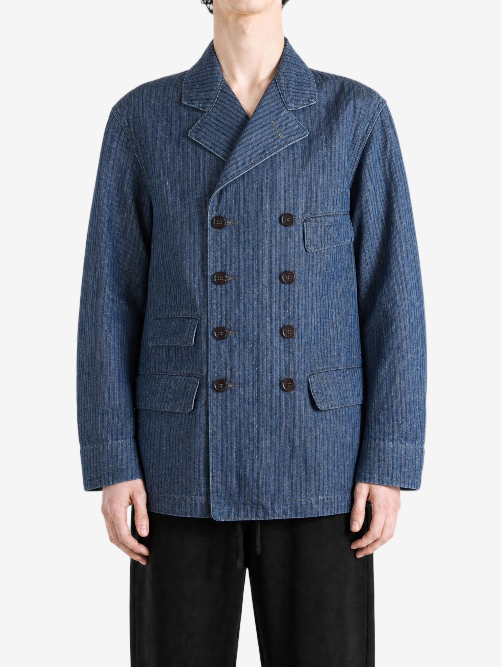Blue jacket, full body view