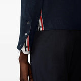 Close up of navy cardigan, showing texture of the wool fabric