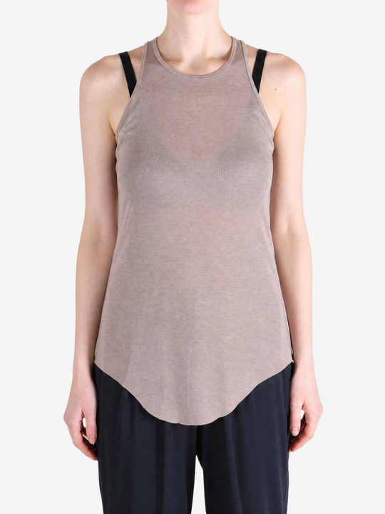 Tan top worn by a person, showing the top fit