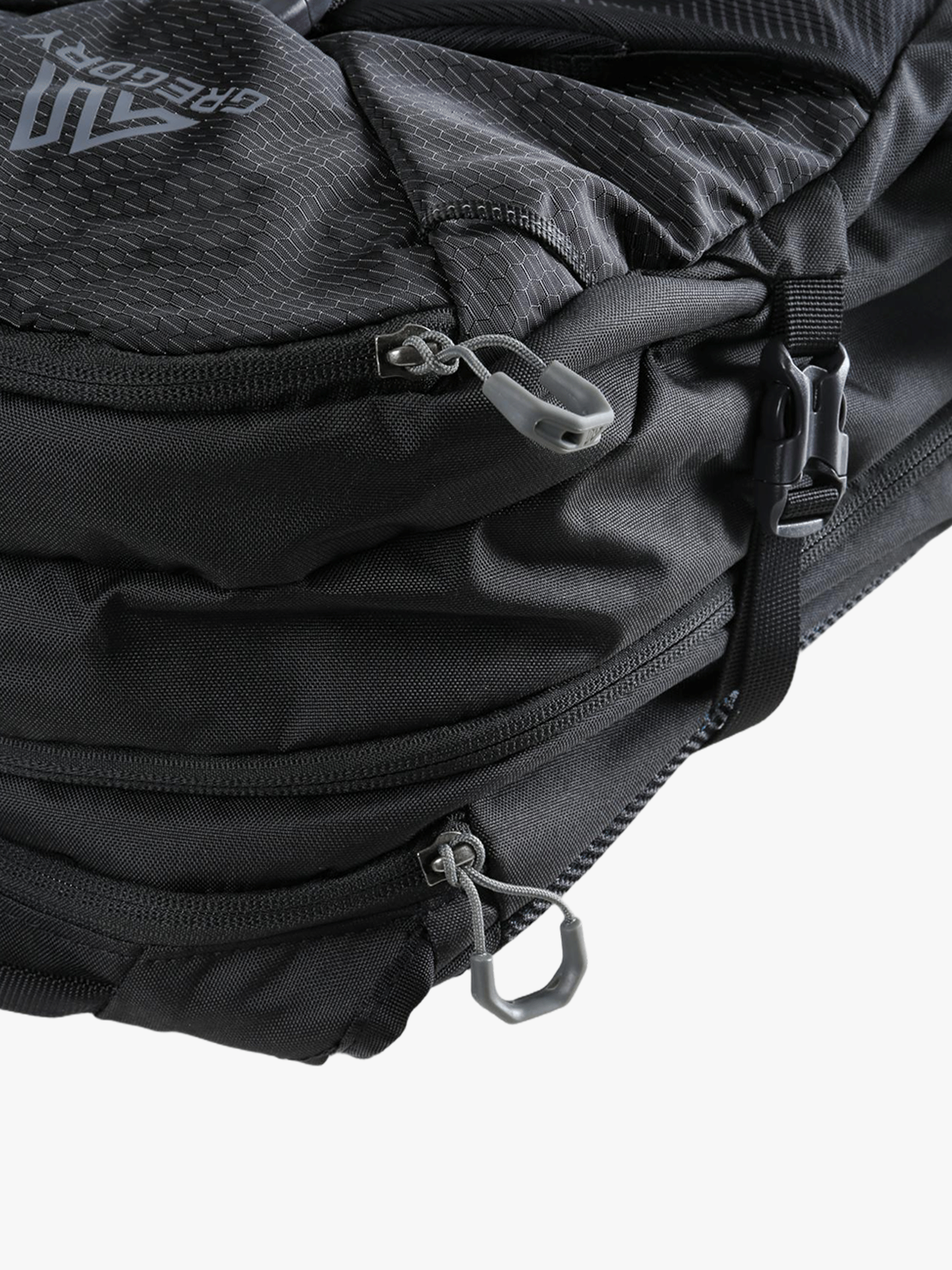 close up of black bags , showing texture of the Recycled Polyester fabric