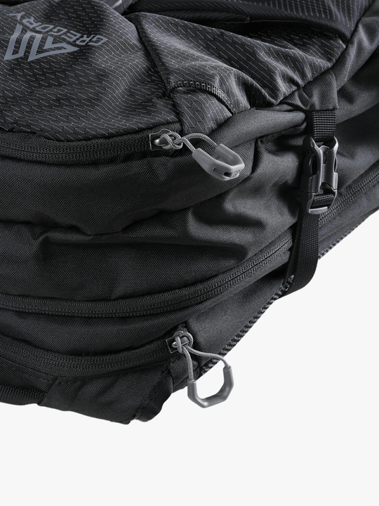 close up of black bags , showing texture of the Recycled Polyester fabric