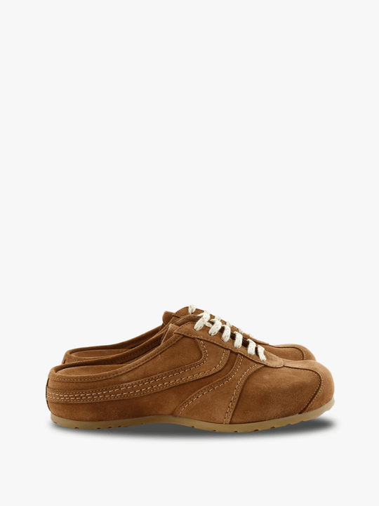 Tan shoes, side view