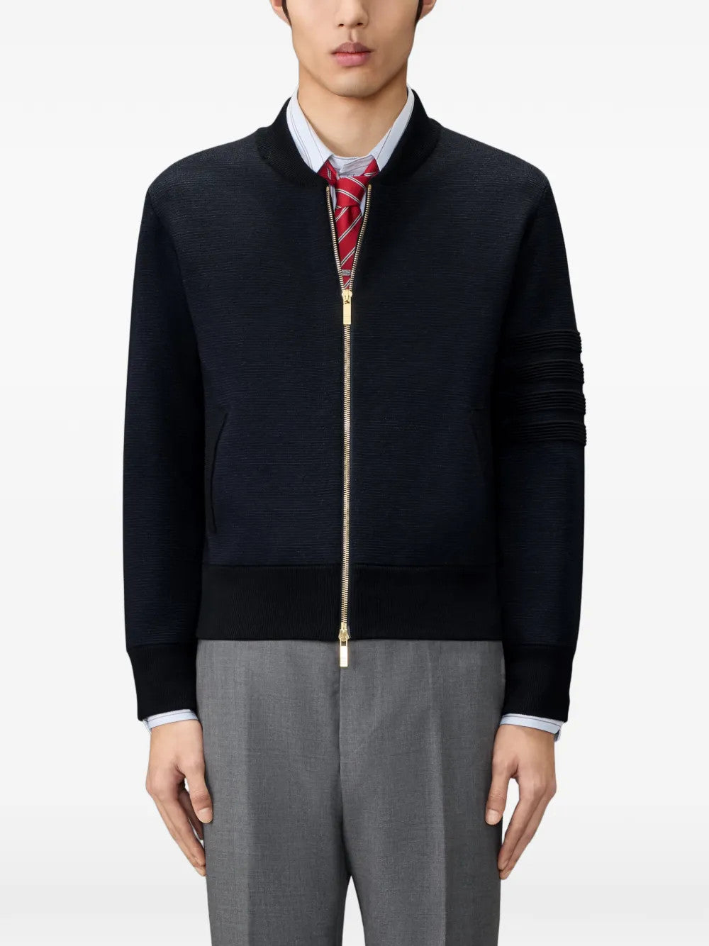 Navy jacket, full body view