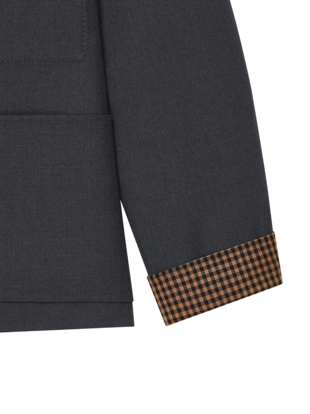 Close up of Grey shirt, showing texture of the 100% wool fabric