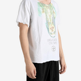 White t-shirt worn by a person, showing the t-shirt fit