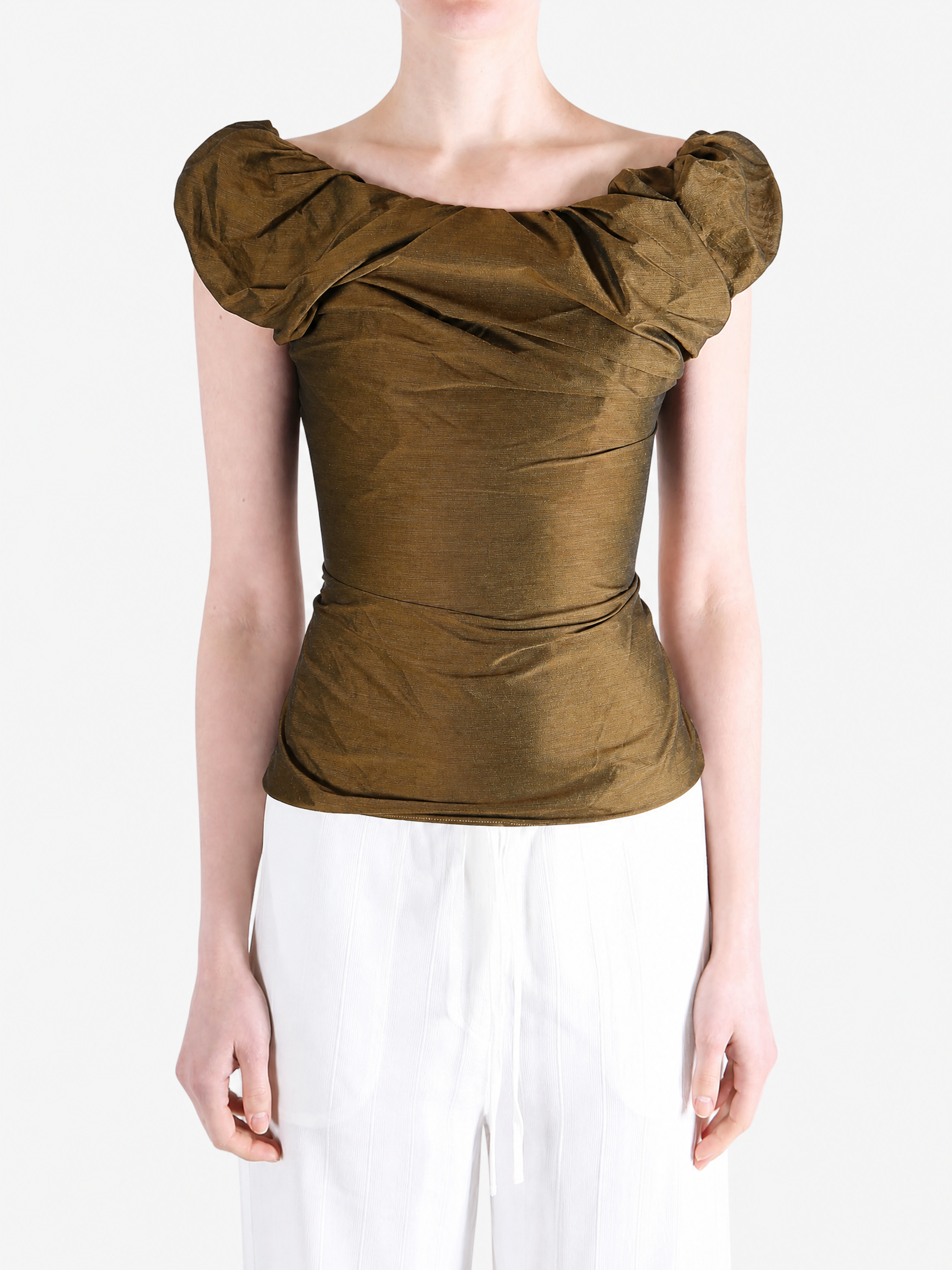 Brown top worn by a person, showing the top fit
