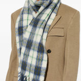 Blue scarf worn by a person, showing the scarf fit