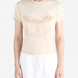 Tan t-shirt worn by a person, showing the t-shirt fit