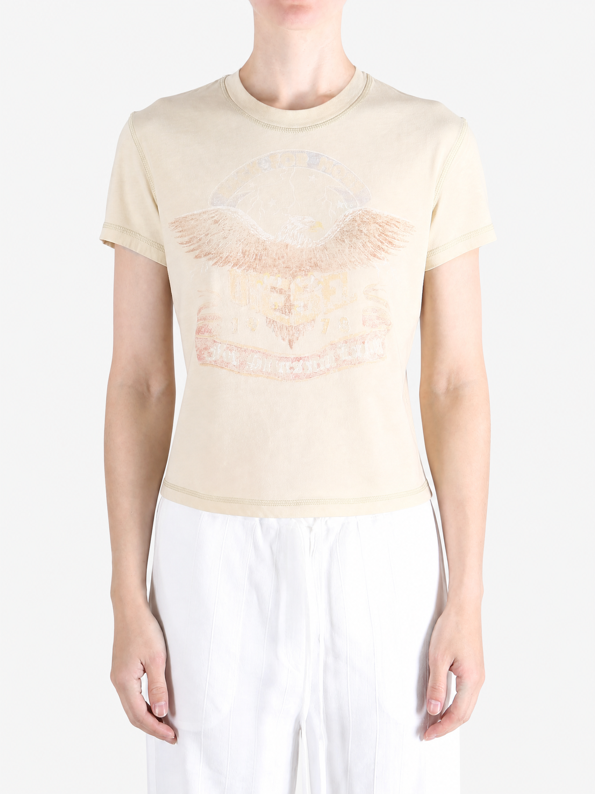Tan t-shirt worn by a person, showing the t-shirt fit