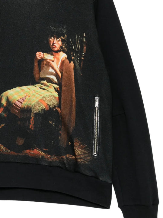 Close up of Black hoodie, showing texture of the 96% cotton/ 4% cashmere fabric