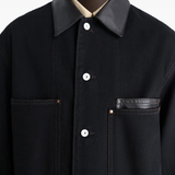 Close up of Black jacket, showing texture of the calf leather fabric