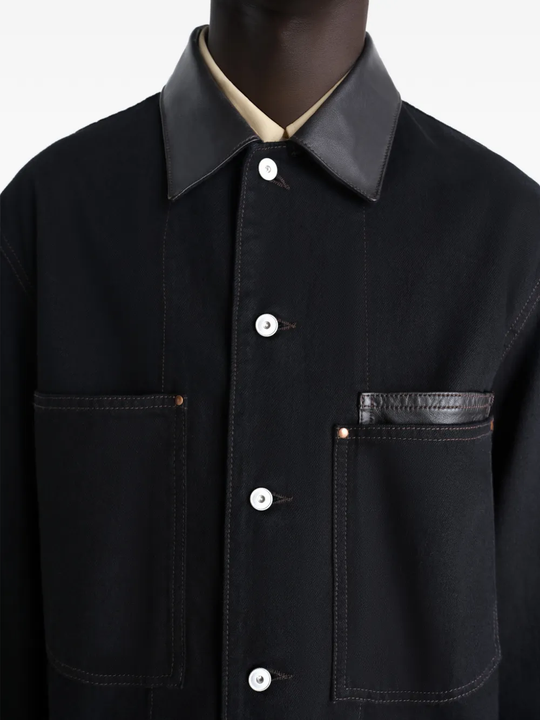 Close up of Black jacket, showing texture of the calf leather fabric