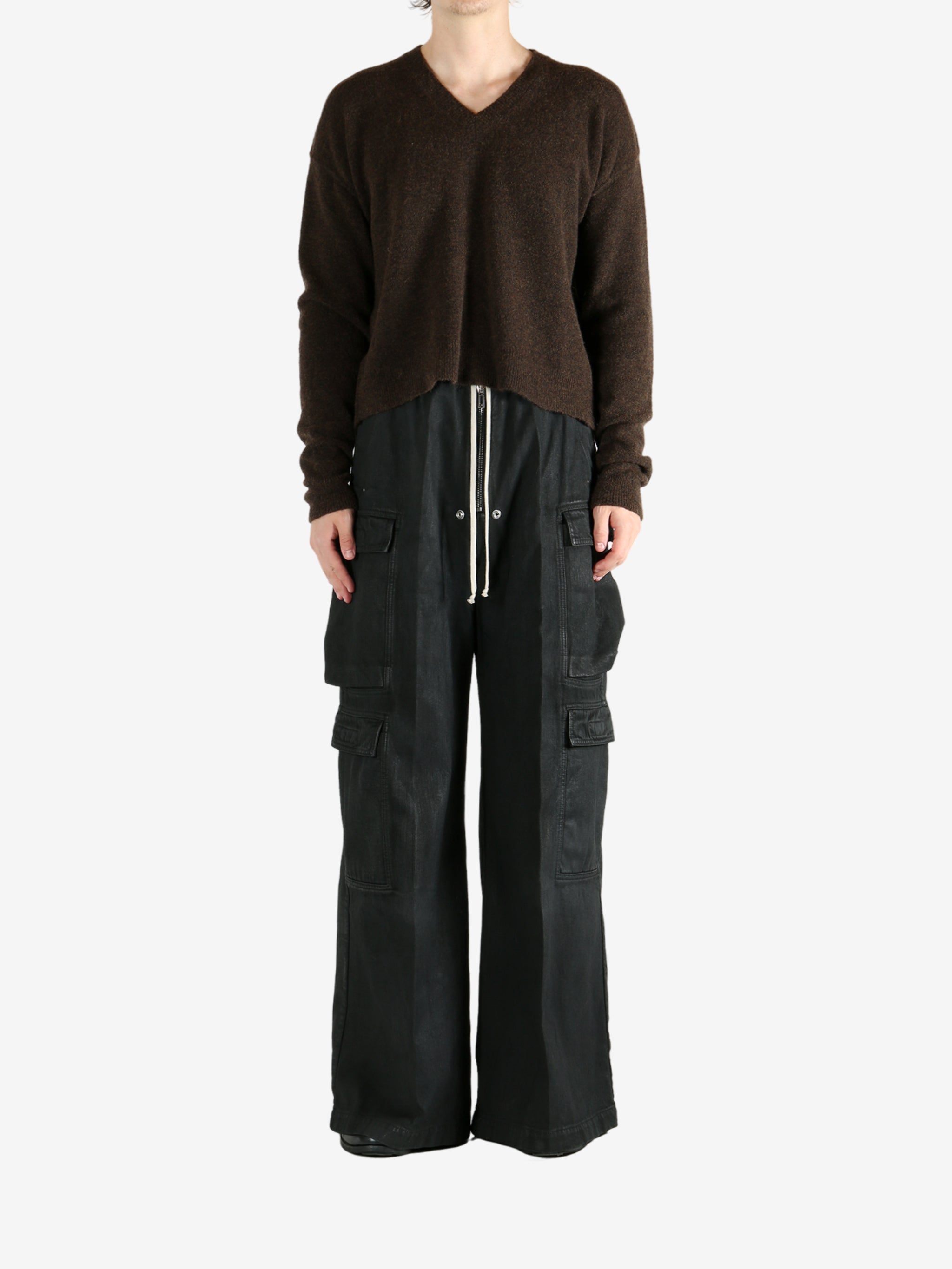 Brown knitwear, full body view