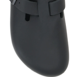 Close up of black sandals,showing texture of the leather fabric.