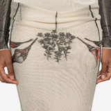 Close up of the tan skirt, showing texture of the polyamide fabric