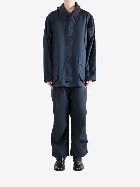 Navy jacket, full body view