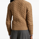 Brown cardigan worn by a person, showing the cardigan's fit