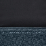 Close up of the navy bag, showing texture of the leather fabric