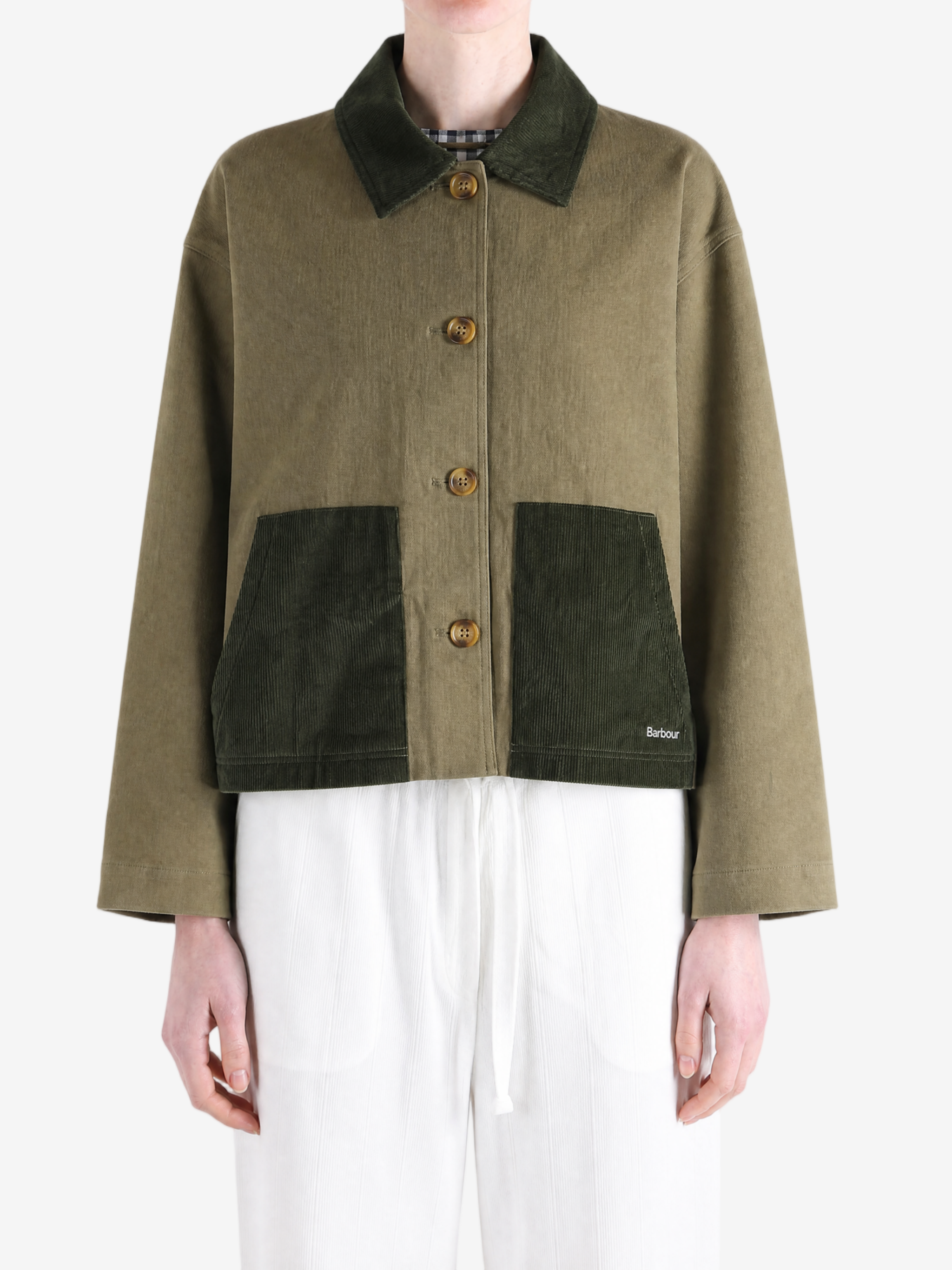 Green jacket worn by a person, showing the jacket fit