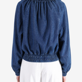 Blue jacket worn by a person, showing the jacket fit