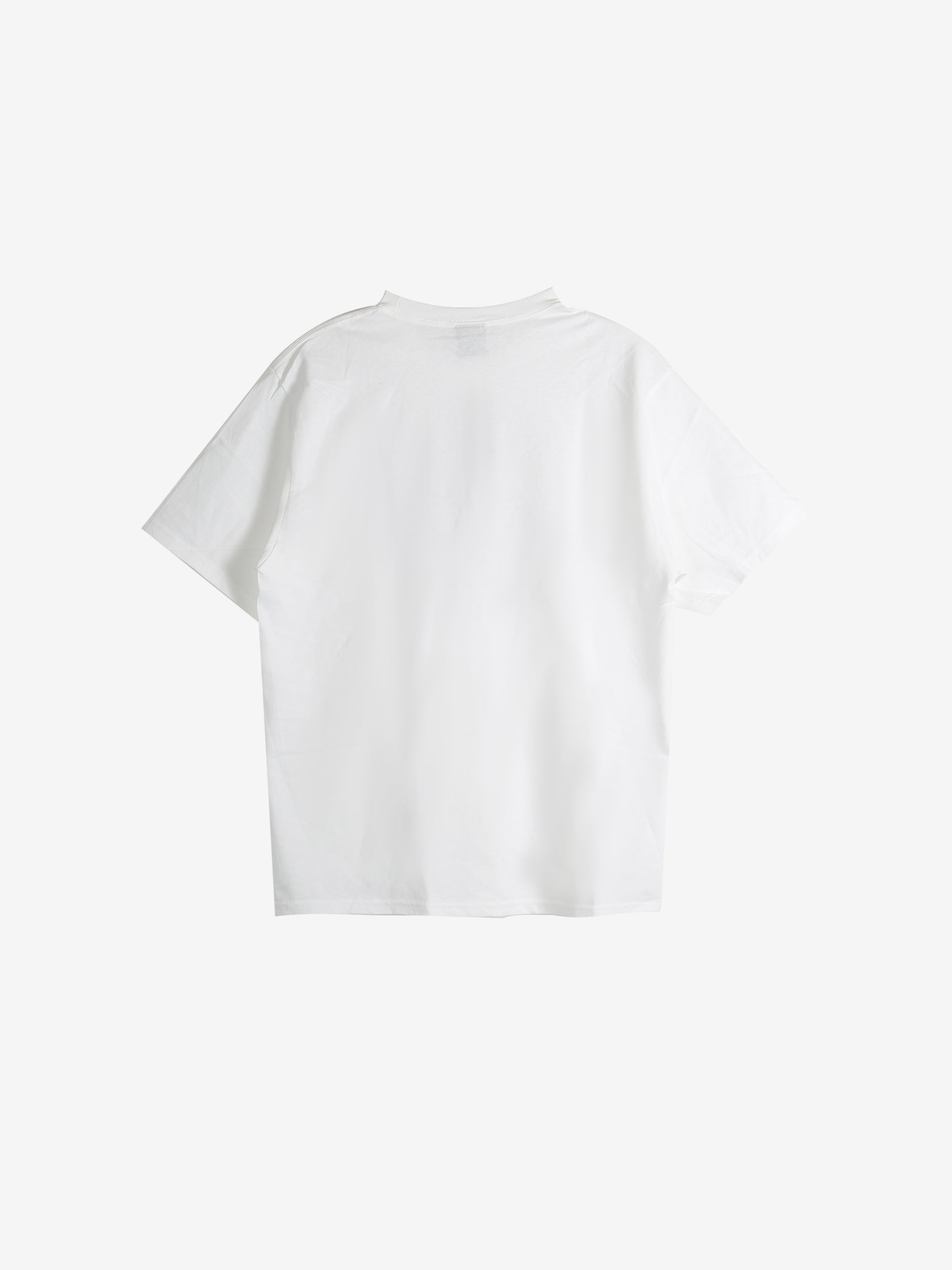 White t-shirt, back view showing relaxed fit