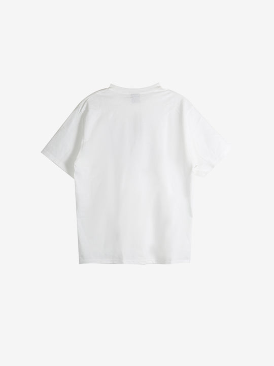 White t-shirt, back view showing relaxed fit