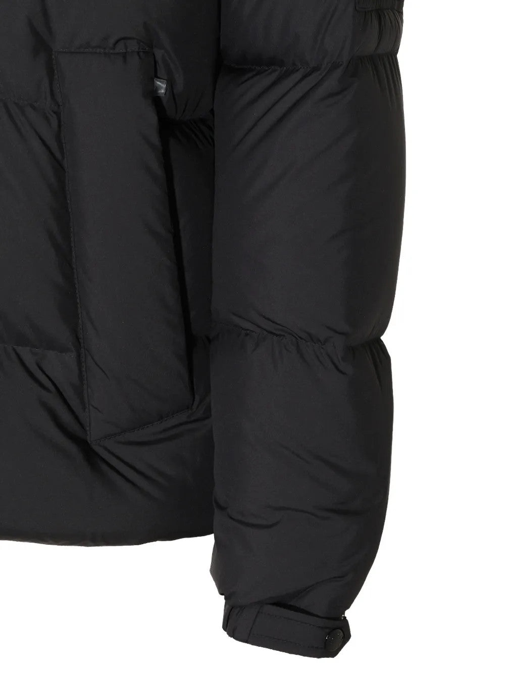 Close up of Black jacket, showing texture of the 100% polyester fabric