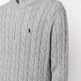 Close up of grey sweater, showing texture of the cotton fabric