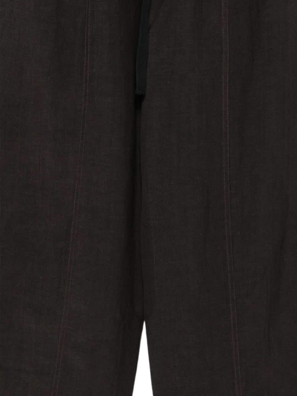 Close up of Black pants, showing texture of the 61% viscose/ 39% linen fabric