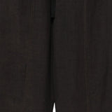 Close up of Black pants, showing texture of the 61% viscose/ 39% linen fabric