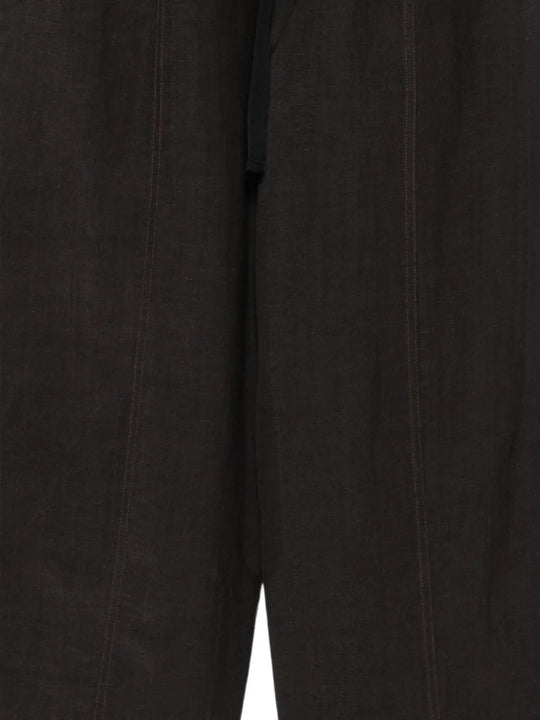 Close up of Black pants, showing texture of the 61% viscose/ 39% linen fabric