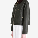 Green jacket worn by a person, showing the jacket fit