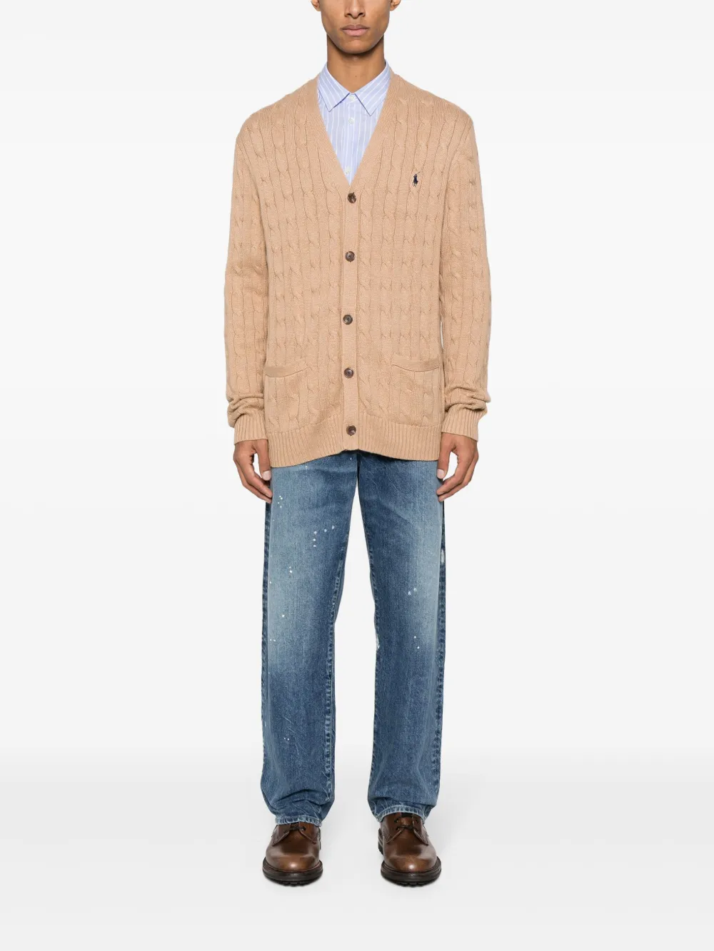 Tan cardigan,full body view