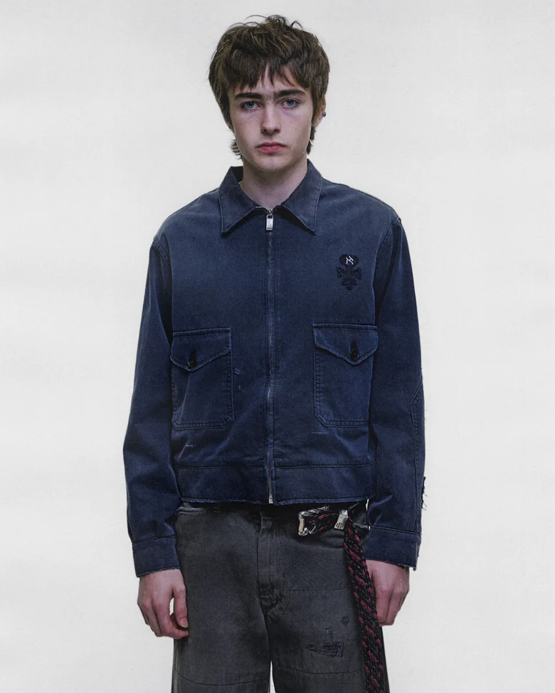 Navy jacket, full body view