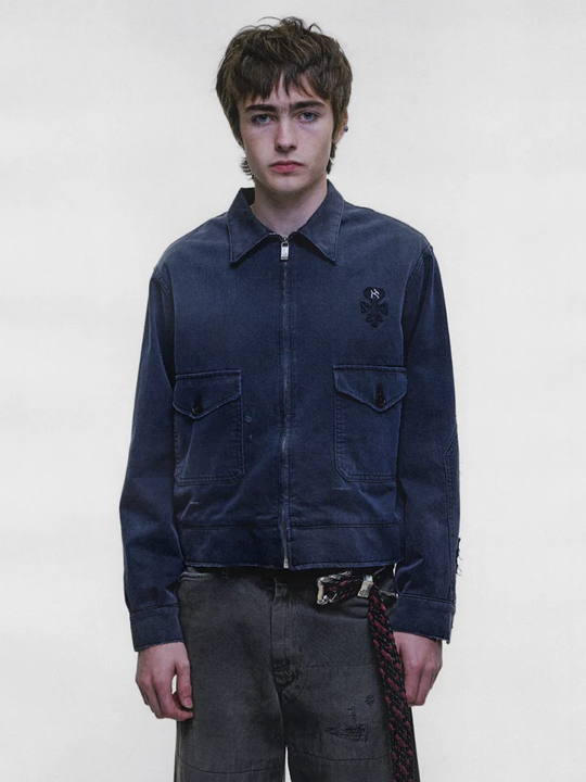 Navy jacket, full body view
