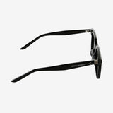 Close up of Black eyewear, showing texture of the acetate fabric