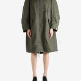 Green coat worn by a person, showing the coat fit