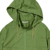 Close up of green jackets , showing texture of the cotton fabric
